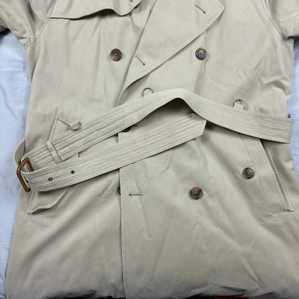 Brooks Brothers Trench Coat 42R Tan Belted Double Breasted Plaid Lining Cotton